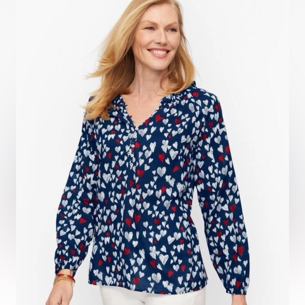 Talbots navy red heart lightweight cotton popover blouse Love Valentine’s Day XL